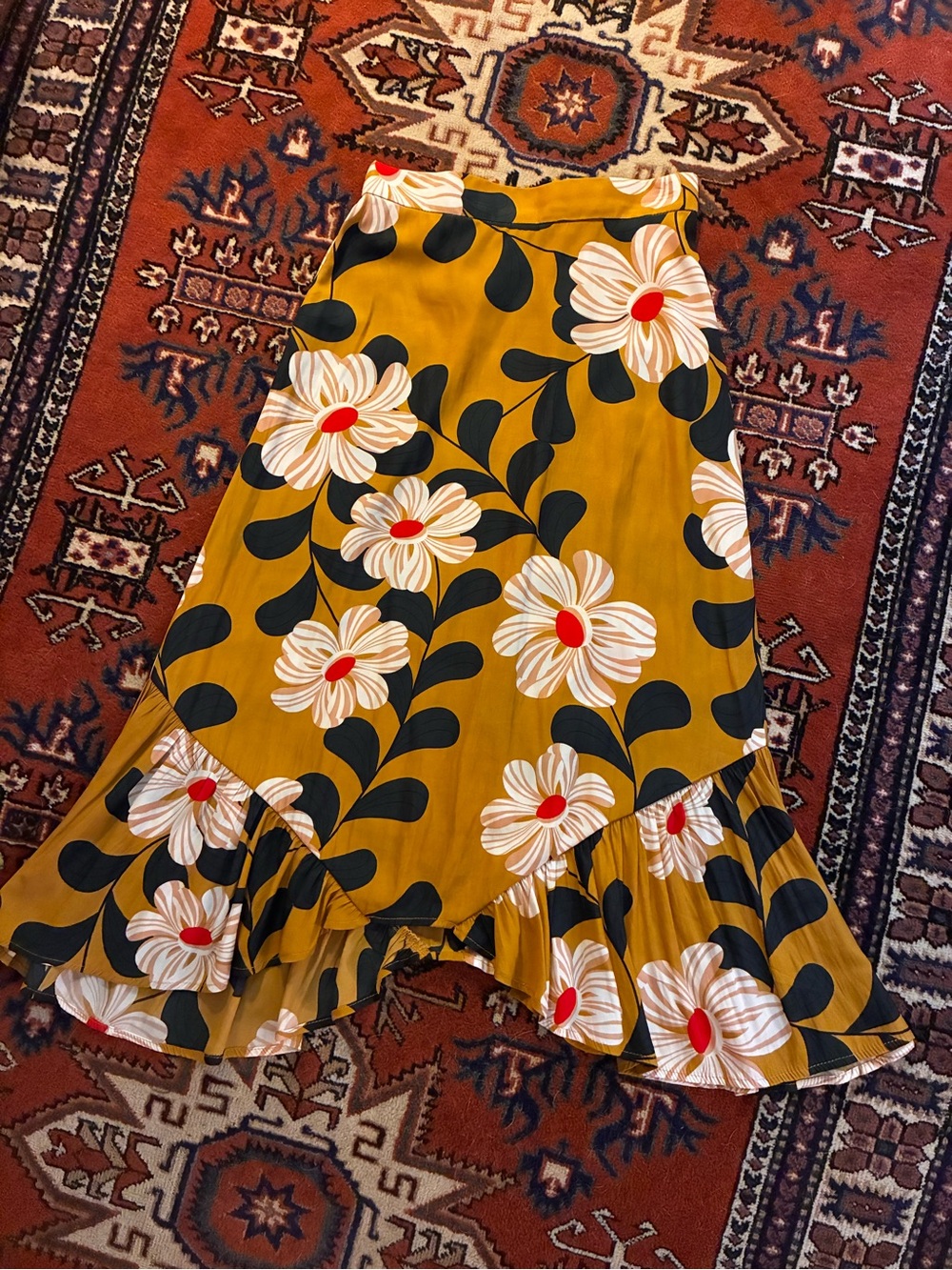 Anthropology Eva Franco Silk Mustard Floral Asymmetrical Ruffle Skirt